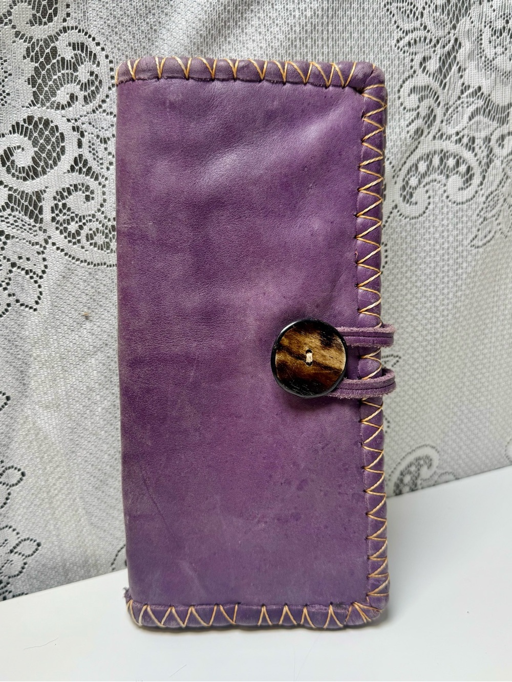 Artisan Handcrafted Beaded Purple Leather Women's Wallet Clutch with Horn Button